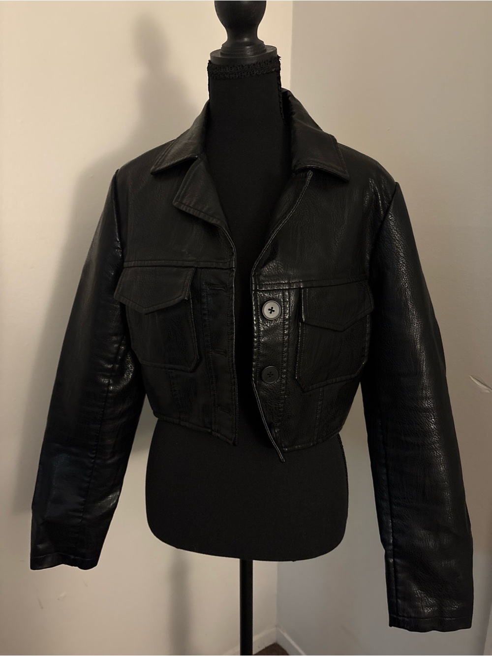 Noize Black Cropped Leather Jacket with Front Pockets